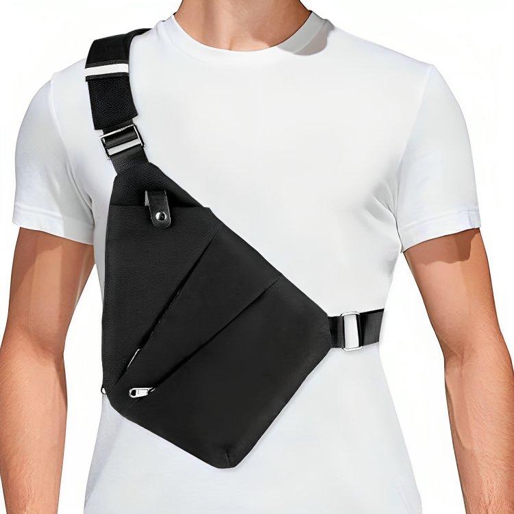 Man wearing anti-theft crossbody bag.